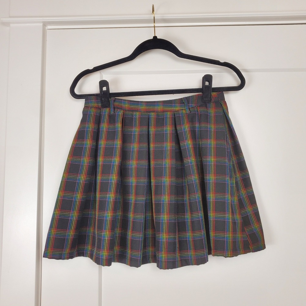 Hot Topic Pleated Skirt Womens MD Black Rainbow Plaid Mini Skirt